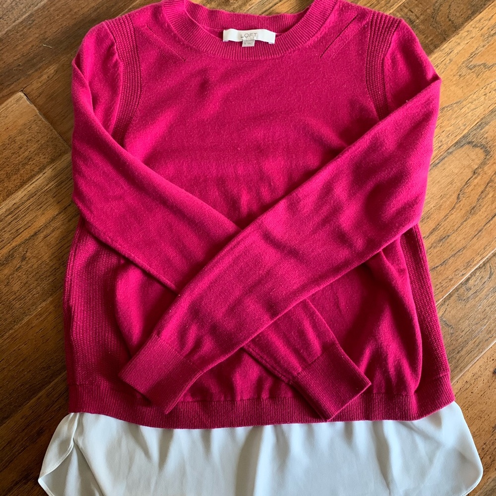 LOFT magenta sweater with faux shirt beneath